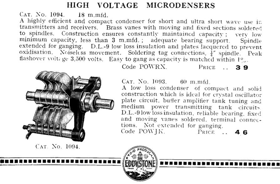 EDDYSTONE, HIGH VOLTAGE MICRODENSER, 200pF, CAT NO 1094, CODE POWRX