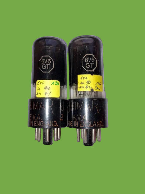 6V6GT, BRIMAR, MATCHED PAIR, BLACK GLASS, BLACK BASE WITH ORANGE PRINT, STC FOOTSCRAY PRODUCTION , 6V6