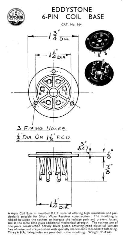 EDDYSTONE, 6 PIN COIL BASE, BASEBOARD TYPE, CAT No. 964, CODE ESAF, EX EQUIPT