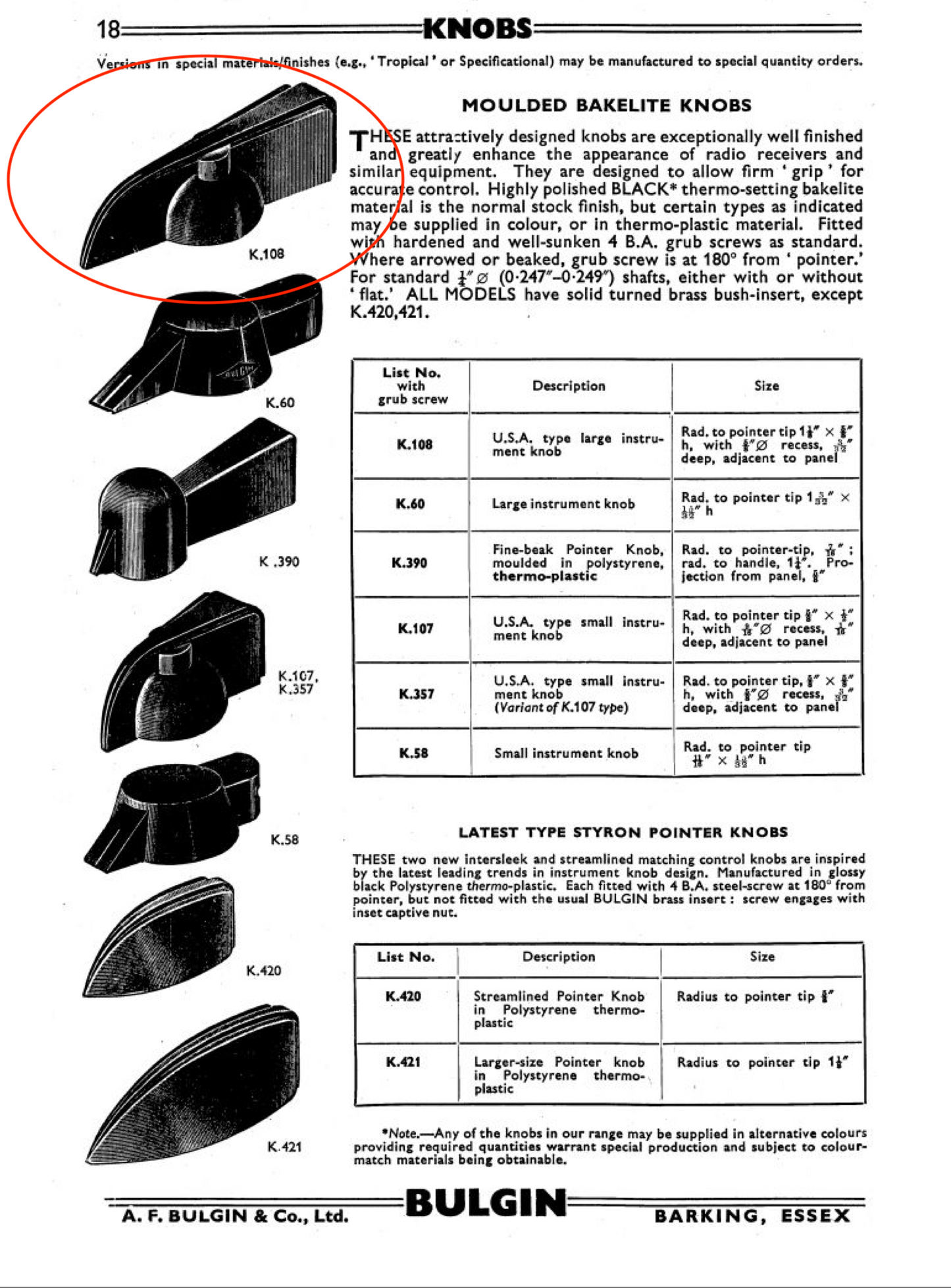BULGIN, K108, LONG CHICKEN HEAD, KNOB, BLACK 2 1/4 ins, LENGTH 1 1/8 ins TIP TO RAD