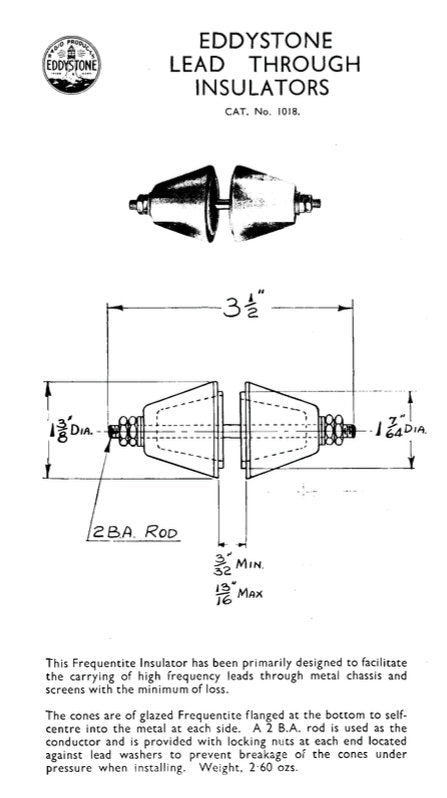 EDDYSTONE, FEED THROUGH ,LEAD THROUGH , CERAMIC INSULATOR, ANTENNA EARTH, BROWN, CAT NO 1018