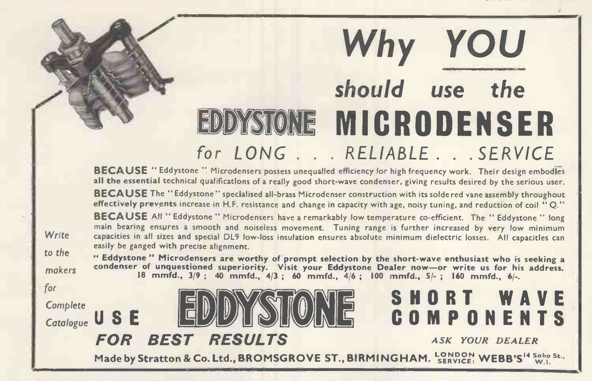 EDDYSTONE MICRODENSER, 30pF BRASS, X CONDENSER, 1938,
