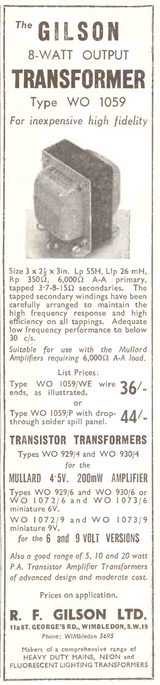 RF GILSON, OUTPUT TRANSFORMER, WO.929/6, FOR MULLARD 4.5W TRANSISTOR AMPLIFIER