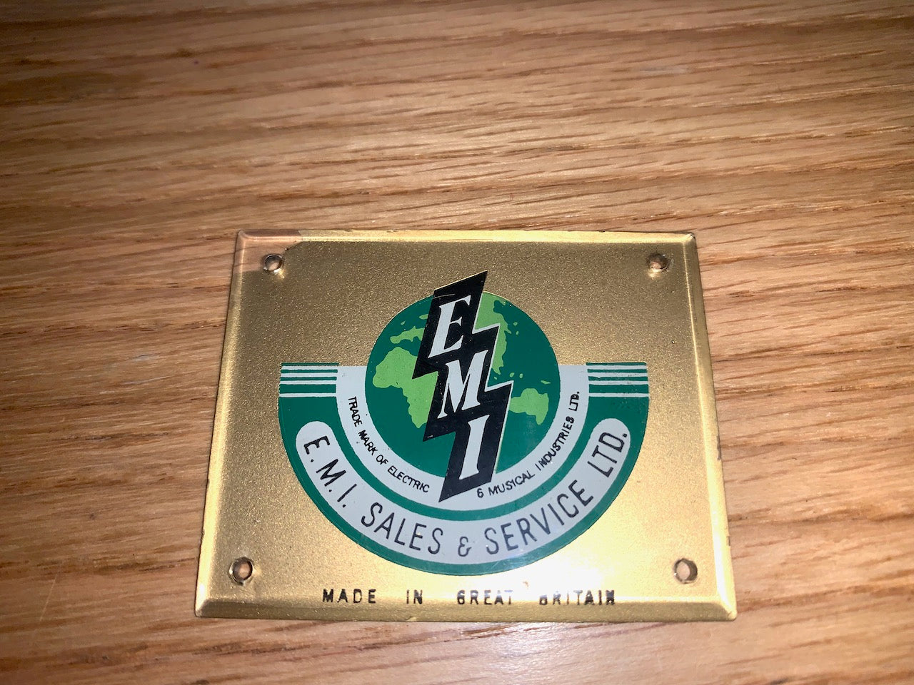 PERSPEX, LUCITE, PLAQUE, EMI SALES & SERVICE, 5 COLOUR, 50 X 40mm