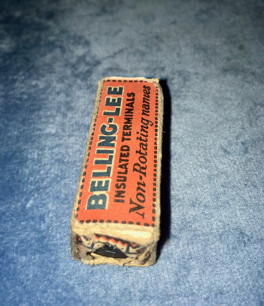 BELLING LEE, BINDING POST, BLACK, 16mm HEAD, 2BA, 8mm BOLT, LETTERED WITH, OUTPUT-, NEW BOXED, 1930S MAINS