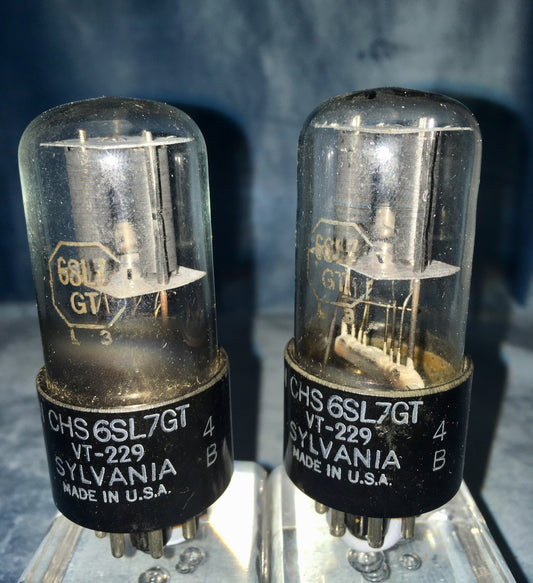 6SL7GT, MATCHED PAIR, SYLVANIA, VT-229, MILITARY, WHITE BASE PRINT, SAME FACTORY CODE, FEBRUARY 1944 PRODUCTION,  6SL7