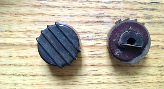 Pair, 2x, Brown Bakelite, CHOCOLATE CREAM SHAPED, Knob, 31mm Dia, 13m Depth, 6mm shaft, half round snap ring