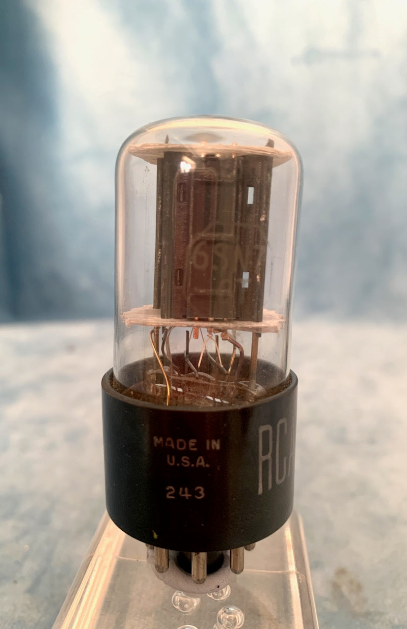 6SN7GT, RCA, CLEAR GLASS, 3 RIB CHARCOAL PLATE, SMALL LOGO, FEB 1943 PRODUCTION, 6SN7