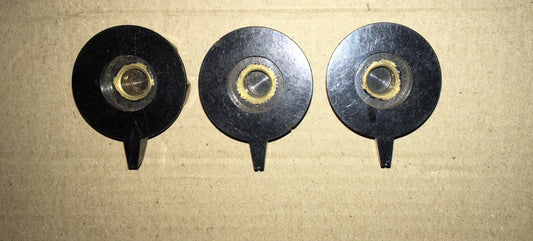 Black bakelite, 5 scallop, skirted, beaked knob, 36mm dia., 6mm shaft, brass bushed, no grub screws