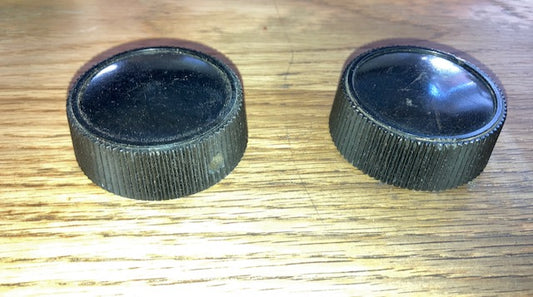 PAIR, 2X, BLACK, BAKELITE, KNOB, MILLED EDGE,BRASS BUSH, 6 MM SHAFT, 50mm DIA, 18mm HIGH,