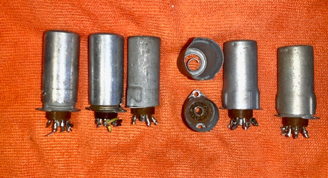 BROWN MICANOL, CINCH, B7G VALVE BASES C/W. 43mm HEIGHT SHIELDING CANS, EX EQUIPT