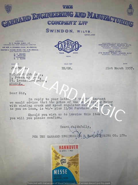 GARRARD, LETTERHEAD, 1957,