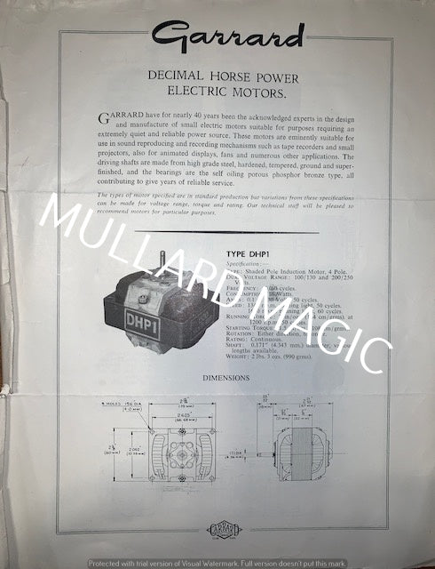 GARRARD, DECIMAL HORSEPOWER ELECTRIC MOTORS, BROCHURE