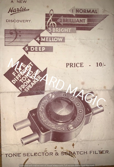 HARLIE, TONE SELECTOR & SCRATCH FILTER, LEAFLET, 1930S