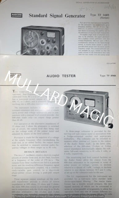 MARCONI INSTRUMENTS, TF144H, STANDARD SIGNAL GENERATOR, TF894A,AUDIO TESTER, LEAFLETS
