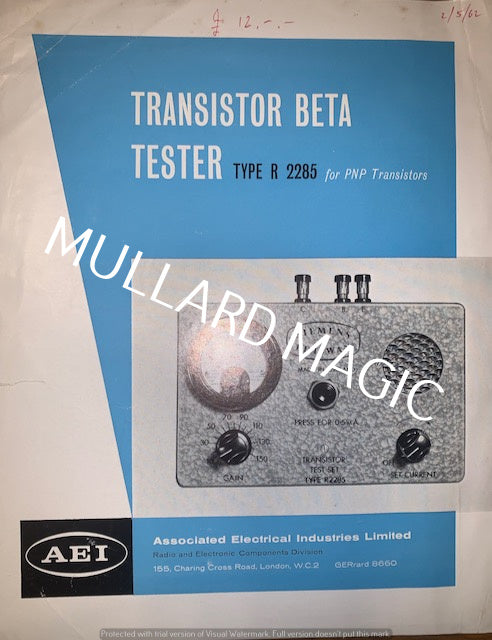 AEI, TRANSISTOR BETA TESTER, TYPE B2285, LEAFLET,  1962
