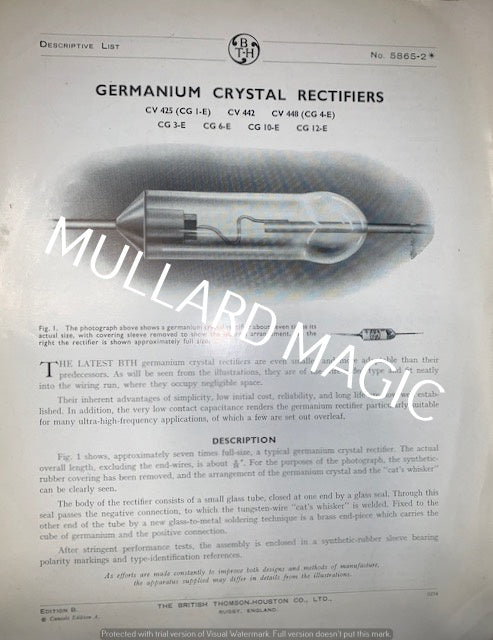 BTH, GERMANIUM CRYSTAL RECTIFIERS, LEAFLET,CV425, CV442