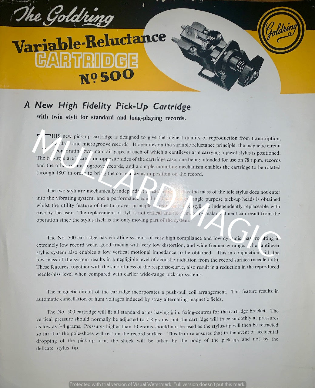 GOLDRING, VARIABLE RELUCTANCE CARTRIDGE, N0 500, G500, LEAFLET