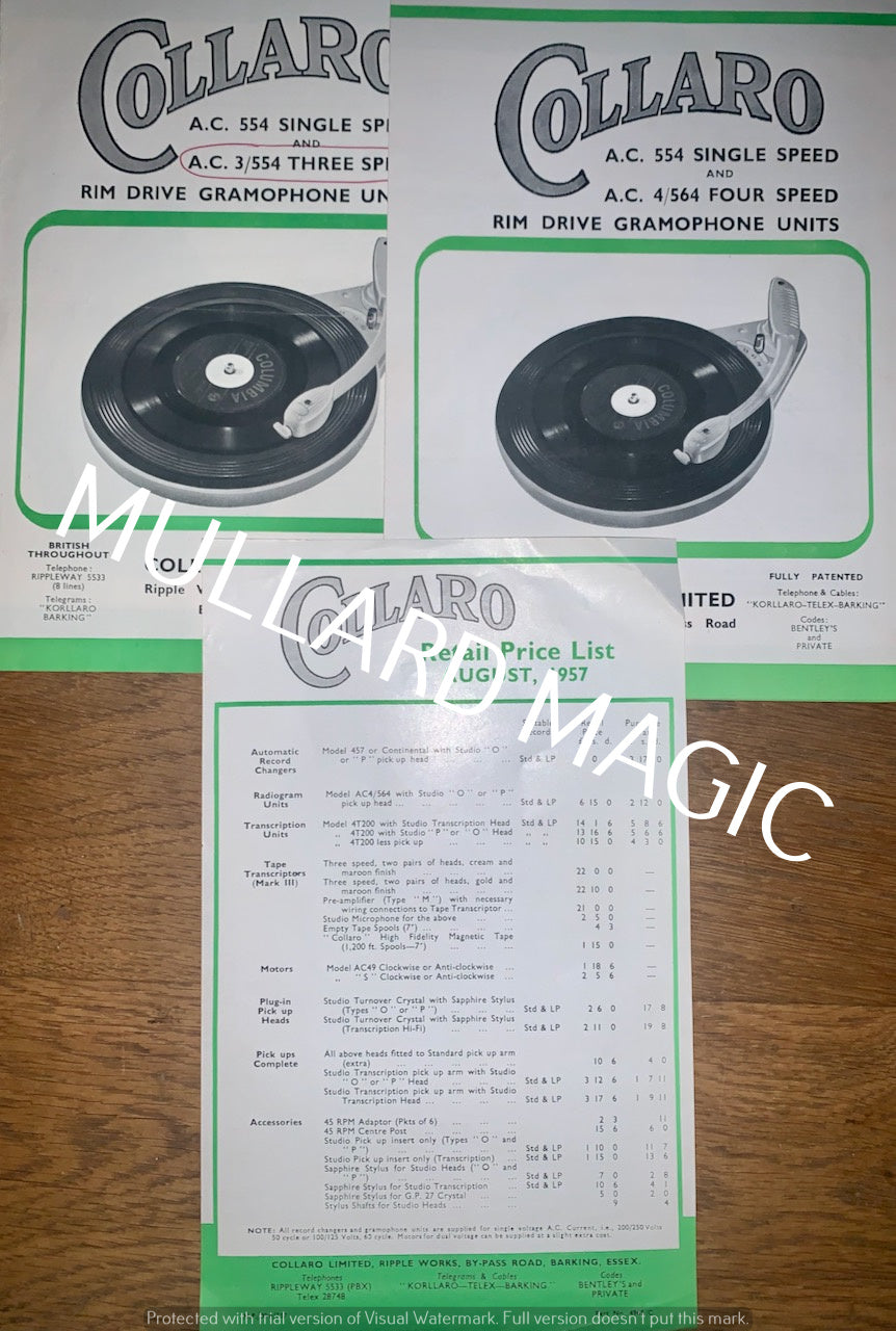 COLLARO, TURNTABLE DOCUMENTS X3, AC3/554, AC4/554, AC/554