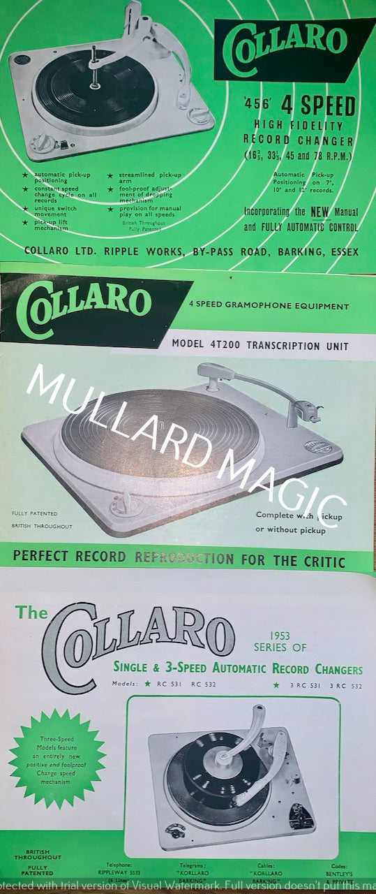 COLLARO, TURNTABLE DOCUMENTS X3, 456, 4T200, RC531, RC532