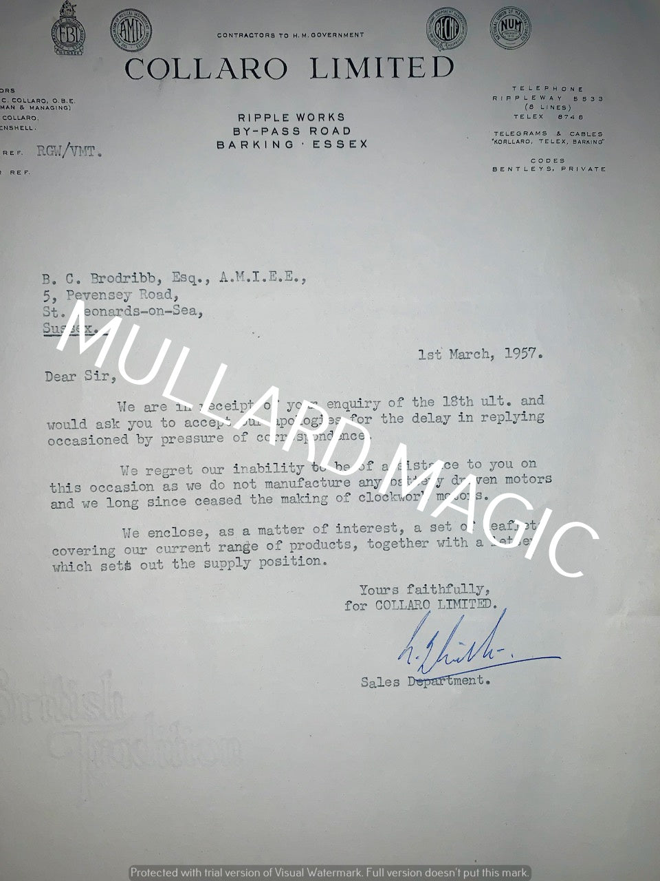 COLLARO, LETTERHEAD, 1957