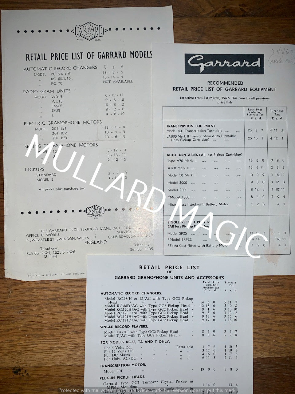 GARRARD, RETAIL PRICE LSITS, LEAFLETS X3