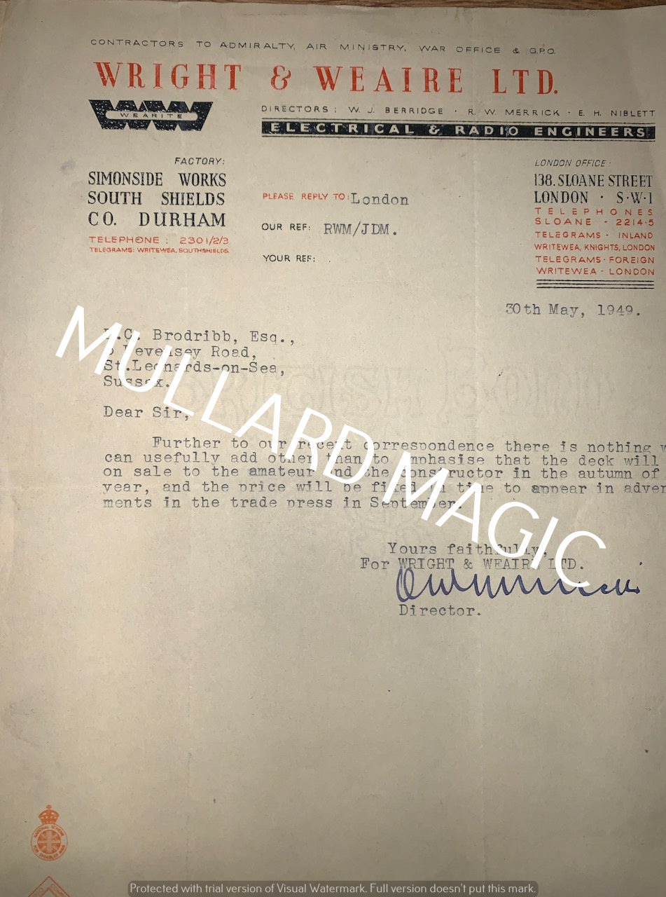 WRIGHT & WEARE, LETTERHEAD, 1949