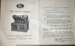 THE SOUND MAGNET, MAGNETIC TAPE RECORDER,  GENERAL LAMINATION PRODUCTS LTD., 1949,  LEAFLET & PRICE LIST