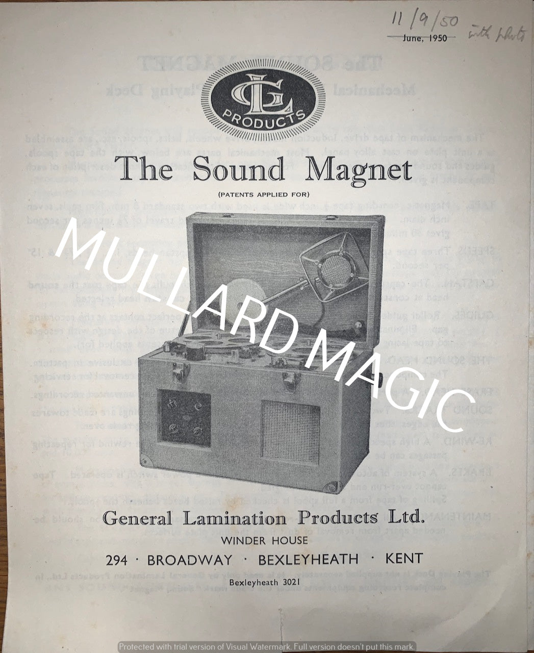 THE SOUND MAGNET, MAGNETIC TAPE RECORDER, GENERAL LAMINATION PRODUCTS LTD., 1950, LEAFLET