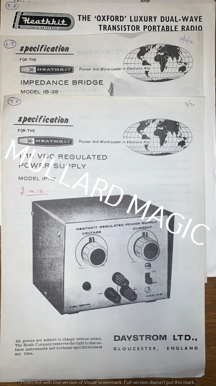 Heathkit, IP-18, 1-15VDC Regulated Power Supply, ib-28, Impedance Bridge, UXR-2, The Oxford Transistor Radio, Specifications Sheets x3