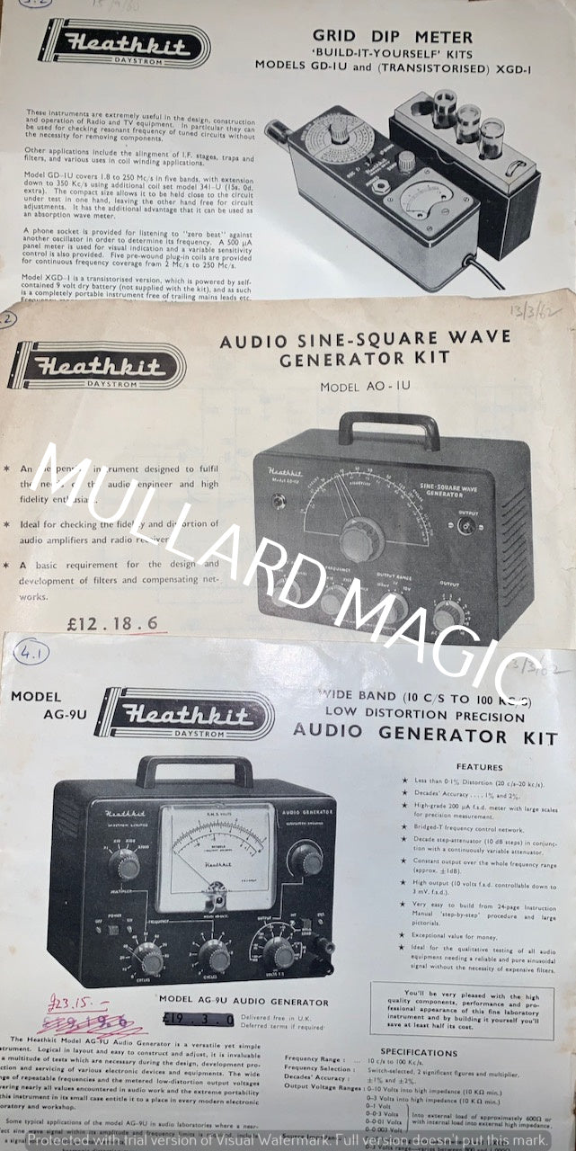 Heathkit, GD-1U, GRID DIP METER, GDO, AO-1U, Audio Sine Square Wave Generator, AG-9U,  Audio Generator, Specifications Sheets x3