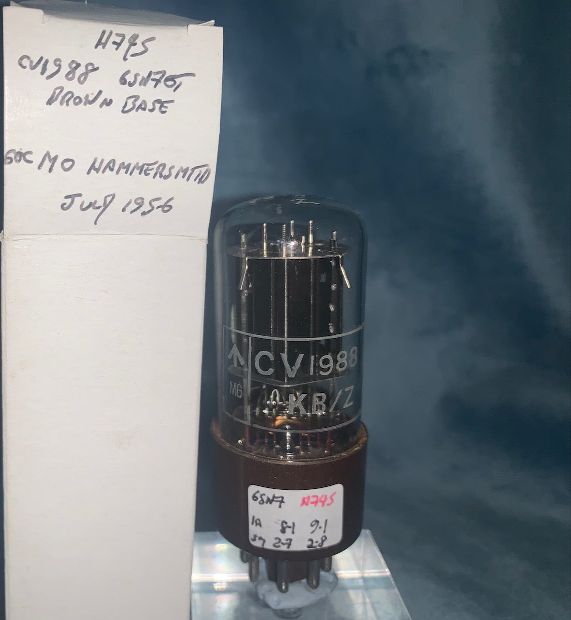 CV1988, GEC, HAMMERSMITH, MIL SPEC 6SN7GT, BROWN MICANOL BASE, WHITE CARTOUCHE, JULY 1956 HAMMERSMITH MANUFACTURE, ECC32, 6SN7