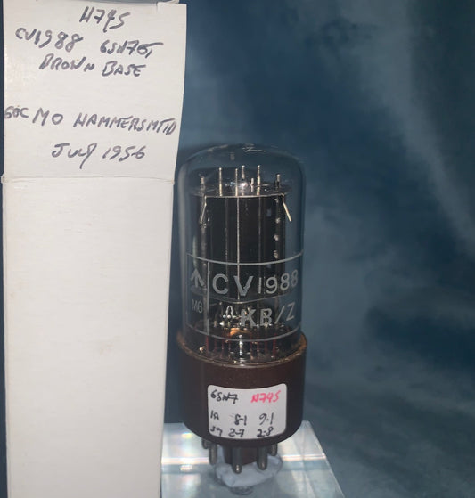 CV1988, GEC, HAMMERSMITH, MIL SPEC 6SN7GT, BROWN MICANOL BASE, WHITE CARTOUCHE, JULY 1956 HAMMERSMITH MANUFACTURE, ECC32, 6SN7