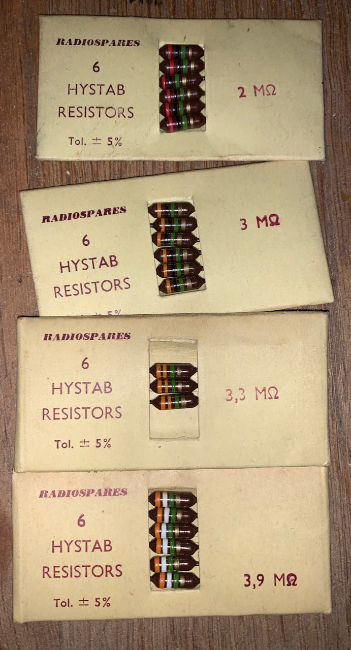 RS, RADIOSPARES, VINTAGE, 0.5W, SUBMINIATURE CARBON RESISTORS, VALUES 1K TO 4M BOXED 1960S