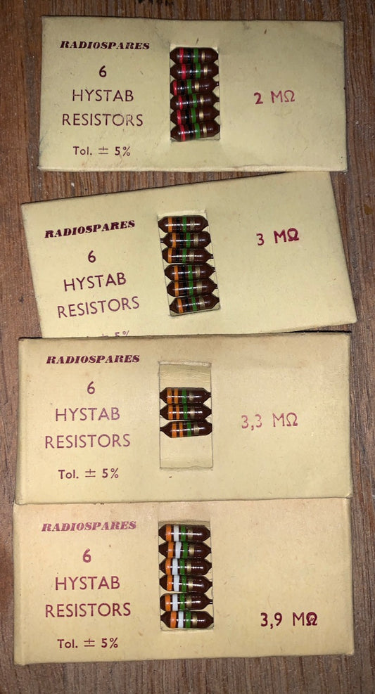 RS, RADIOSPARES, VINTAGE, 0.5W, SUBMINIATURE CARBON RESISTORS, VALUES 1K TO 4M BOXED 1960S