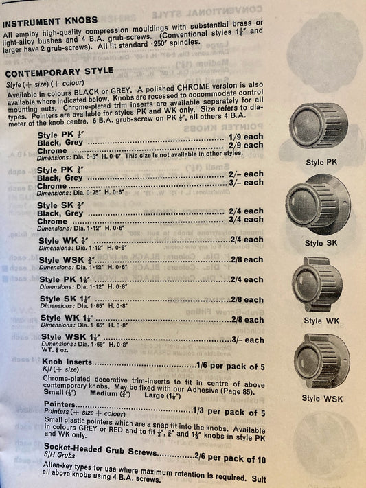 RADIOSPARES, RS, GREY KNOB, STYLE PK, AS USED ON KW ELECTRONICS, 29mm DIA, 6mm SHAFT, BRASS BUSHED