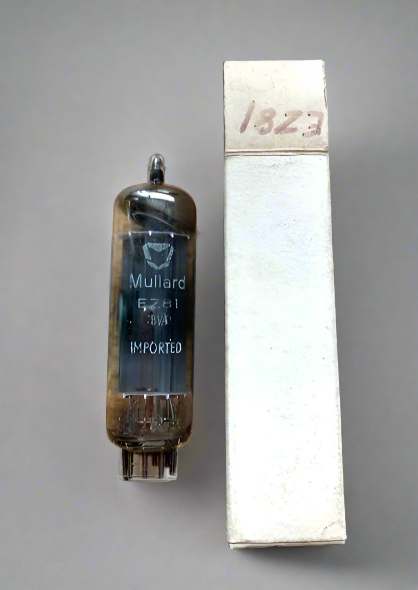 EZ81, MULLARD, NEW SHIELD, 8t1 c2L, HENDON AUSTRALIA MANUFACTURED, DECEMBER 1972, WHITE BOXED