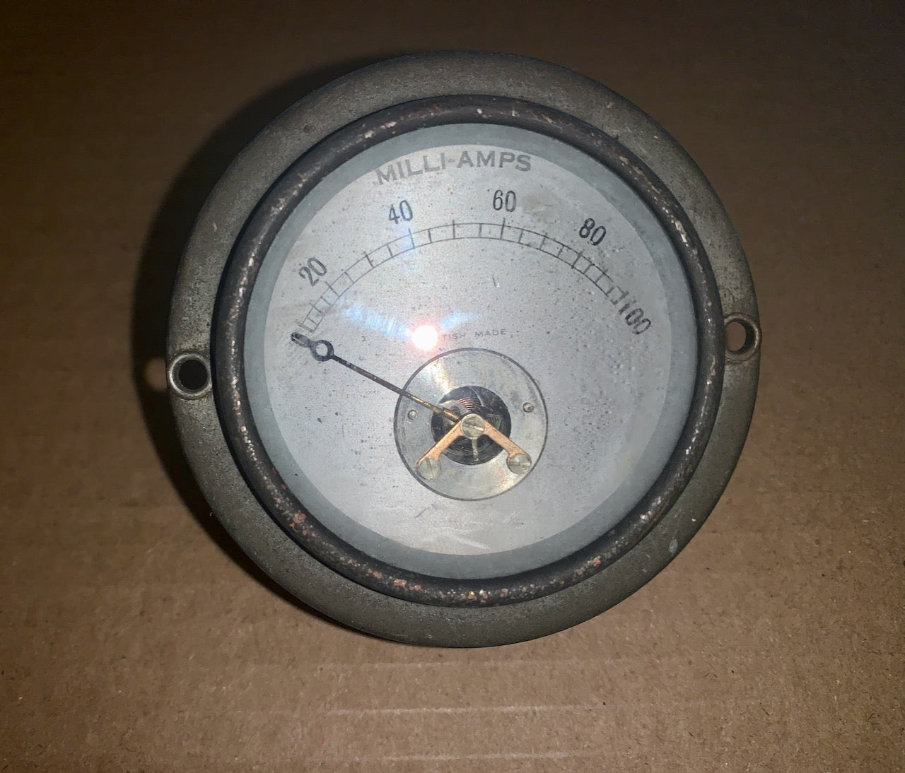 VINTAGE, NICKEL CASED, 73mm DIA.,MOVING COIL AMMETER, 0-100mA FSD, ENGLISH MADE