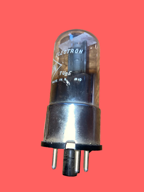 6J5GT, HALTRON BRITISH MADE BADGED, CLEAR GLASS, BLACK TOTEM PLATE, ACTUALLY  SYLVANIA US 1951 PRODUCTION, D2M DATE CODE, LOCKSTEP SECURED METAL OVERCAP,