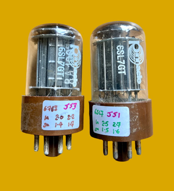 6SL7GT, MATCHED PAIR, PINNACLE BADGED, RCA,TRIPLE MICA, BROWN MICANOL BASE, 5 SUPPORT ROD, NON-EDGE PERFORATED STRAIGHT RIBBED BLACK PLATE, CV569, CV1985, ECC35, VT-229, 6SL7