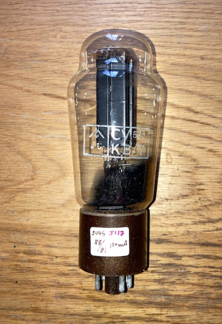 CV575, Military Spec 5U4G, British Tungsram, 5 Rib Striated Charcoal T Shaped Plate, Triple Mica, D Bar Getter, Brown Micanol Base, Tottenham March 1953 Production, 5U4