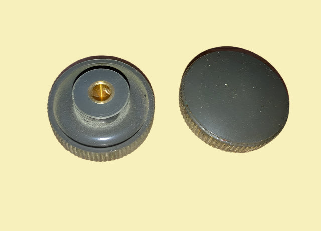 ADVANCE INSTRUMENTS, milled edge, grey round knob, brass bushed, 38mm dia, 19mm high , 6mm SHAFT