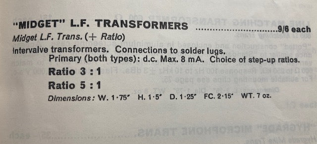 RADIOSPARES, RS ,MIDGET, LF TRANSFORMER,5:1, EX EQUIPT,