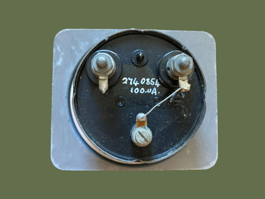 Marconi, 100uA Ammeter, 2.5ins / 65mm Dia., Scaled 0 - 90% Modulation, 1970 Dated, Mounted on metal plate, 100 x 90mm