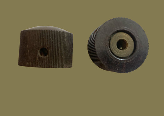 Pair, 2X, Brown Bakelite, Milled Edge Knob, Brass bushed, 25mm Dia, 18mm Height, 5mm Shaft
