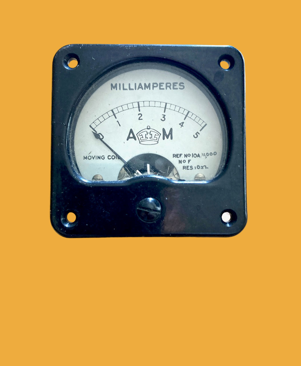 2.25ins square., 2.0 ins mounting aperture, Thermocouple Ammeter, Air Ministry, 10A/11000, Scaled 0-5mA