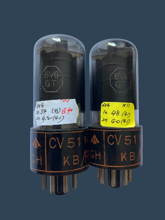 CV511, MIL SPEC 6V6GT, BRIMAR,  MATCHED PAIR, BLACK GLASS, BLACK BASE WITH ORANGE PRINT, STC FOOTSCRAY AUGUST 1951 PRODUCTION  6V6