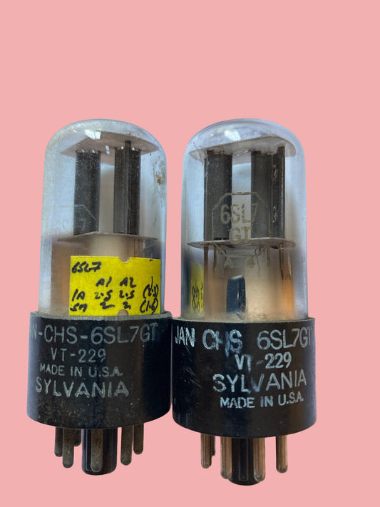 6SLGT, SYLVANIA, MATCHED PAIR   VT-229  CLEAR GLASS, FAT BASE, T PLATE,  WARTIME PRODUCTION, 6SL7