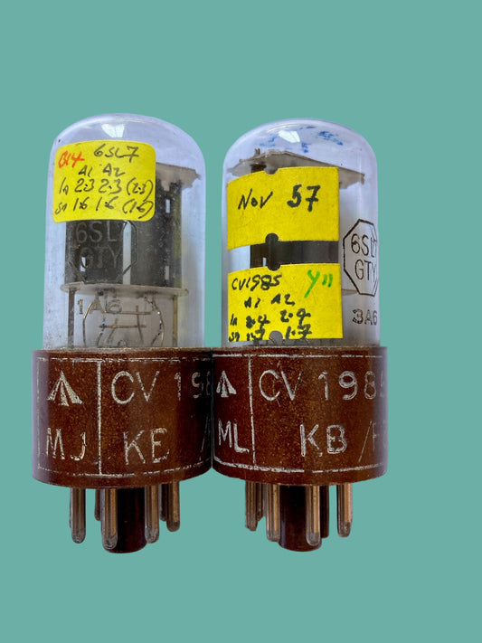 CV1985, BRIMAR MIL SPEC 6SL7GTY, MATCHED PAIR, BROWN MICANOL BASE, WHITE BASE PRINT, NOV 1957 FOOTSCRAY PRODUCTION , ECC35, VT-229,  6SL7