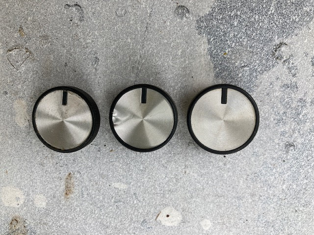 3X, Black Milled Edge, Silver Bright, Sony, Knobs, 33mm Dia, 10mm Height, 6mm Splined Shaft